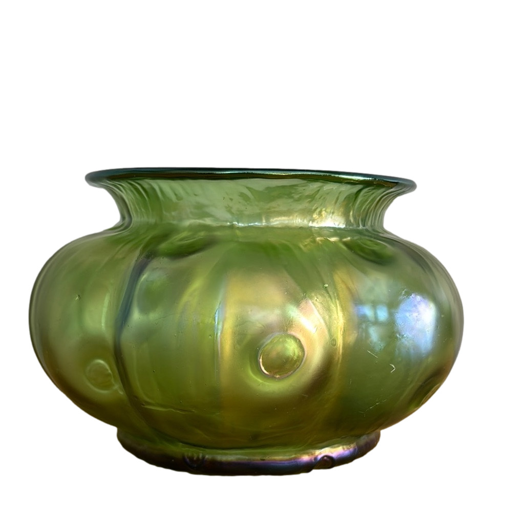 Loetz Art Nouveau "Creta Rusticana" Art Iridescent Green Glass Round Vase Bowl